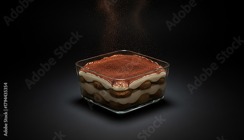 A square glass dish filled with layers of creamy tiramisu dessert, dusted with cocoa powder.