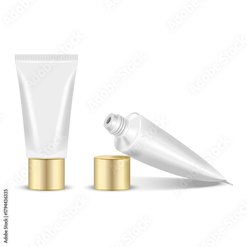 Realistic blank cosmetic cream tube gold metallic cap 3d vector mockup set opened and closed isolated on white, k-beauty packaging template for hand cream, sunscreen, or ointment product presentation.