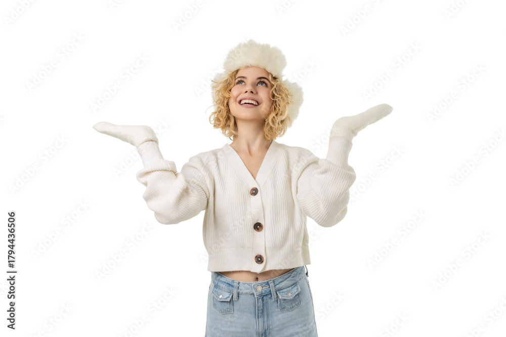 Fototapeta premium Woman wearing warm winter clothes smiles cheerfully, isolated, PNG