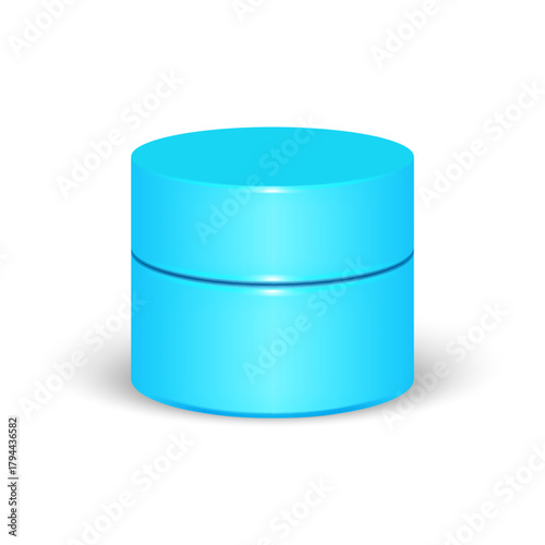 Light blue blank cylindrical plastic or acrylic cosmetic cream jar realistic 3d vector mockup, container template for lip mask, face mask, body butter, balm, or moisturizer product presentation.