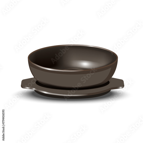 Traditional Korean dolsot bowl mockup realistic 3d vector, tteokbaegi earthenware pot with brown glaze with lid coaster, isolated on white, cooking recipe Korean cuisine, east asian food template.