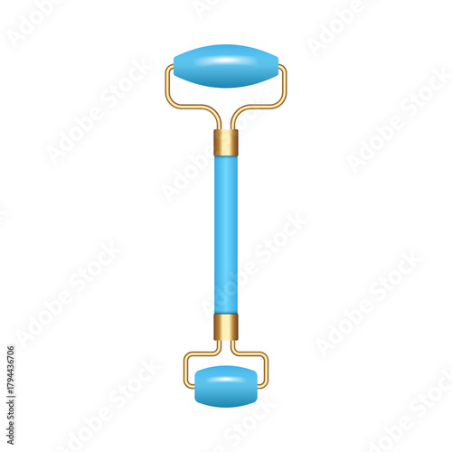 Blue jade or quartz face massage crystal roller with golden metal holder mockup 3d vector, cosmetic tool for facial massage, anti-aging, wrinkle removal, and beauty skincare treatment template.