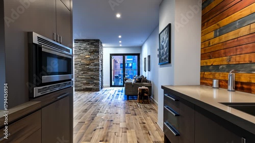 Interior shot of a modern kitchen with wooden accents, leading into a living room with a stone wall