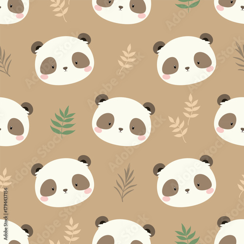 Seamless pattern with cute pandas. Flat style. Vector.
