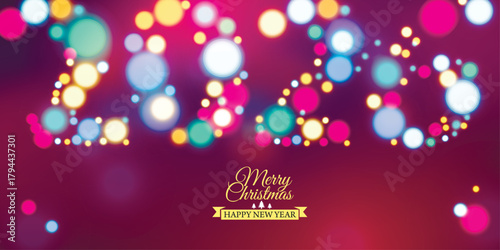 Bright Christmas vector illustration featuring glowing 2026 numbers made of colorful circular light dots. Soft bokeh effect, neon shine, festive atmosphere, dark contrasting background, and elegant Me