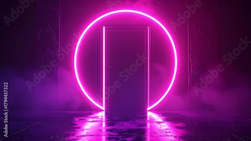 Abstract Dark Room With Glowing Neon Pink Circle And Rectangular Portal Entrance Wet Floor Reflections And Floating
