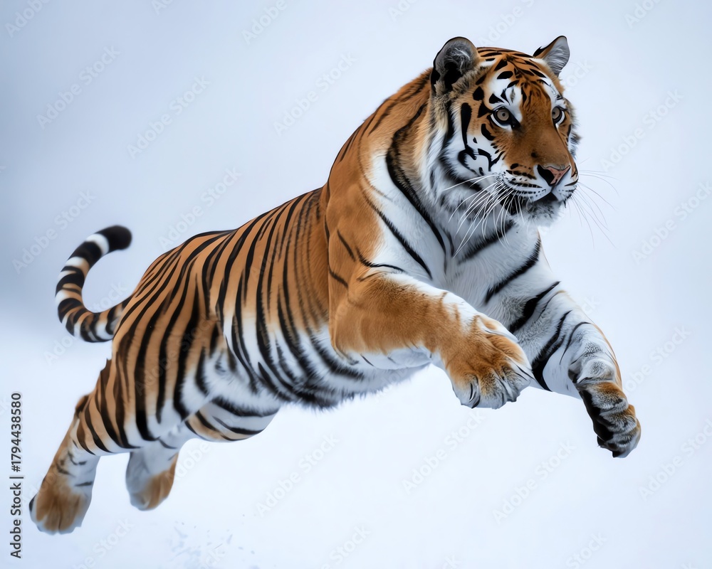 Obraz premium Tiger jumping in mid-air against white background