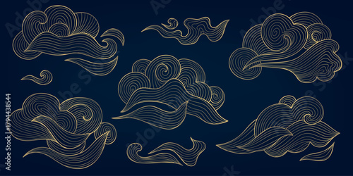 Vector Asian line clouds, Japanese, Chinese traditions flowing gold abstract wavy forms. Oriental modern graphic design, decorative background, wind, smoke illustrations.