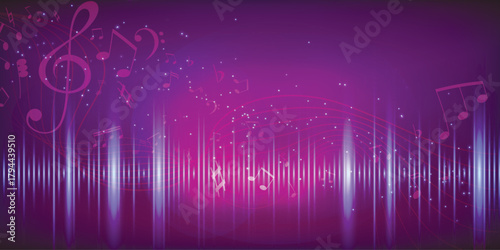 Horizontal vector template for a music banner or stream cover featuring a glowing beam of light, dynamic treble clef, curved musical staff, and floating notes. Bright illumination, modern abstract sty