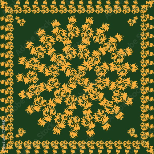 Gold flourish, green background, majestic seamless pattern, ornamental motif, decorative textile, vintage vector illustration.