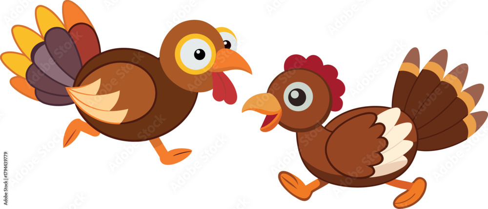Naklejka premium hen and chicken cartoon, farm animal illustration, poultry bird vector, rural animal design, domestic bird artwork, barn life cartoon, mother and baby hen drawing, cute chicken character, agriculture 