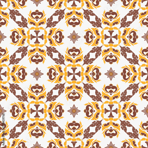 Basic Thai floral, Geometric, Ethnic pattern, tribal fabric, tile, carpet, vector, illustration design, on a yellow-brown background 