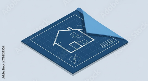 Isometric blueprint of a house with a folded corner, a detailed architectural plan for construction