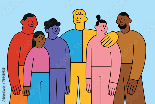 A modern flat vector illustration of a diverse group of friends standing together and smiling In Colorful Portrait