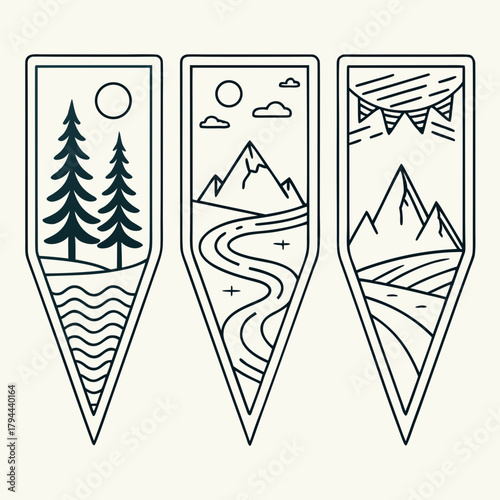Three decorative pennants showcasing nature scenes with mountains, trees, and water elements in line art