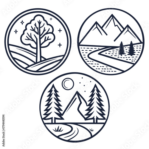 Illustration featuring three circular badges with nature scenes including trees mountains and moonlit sky