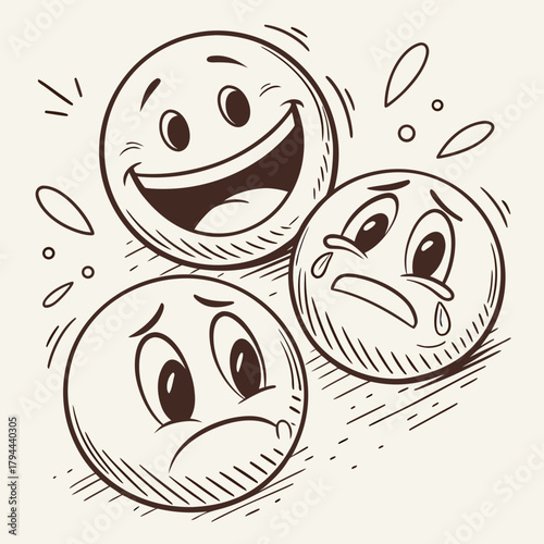 Three emotive cartoon faces displaying happiness and sadness in a sketched style illustration