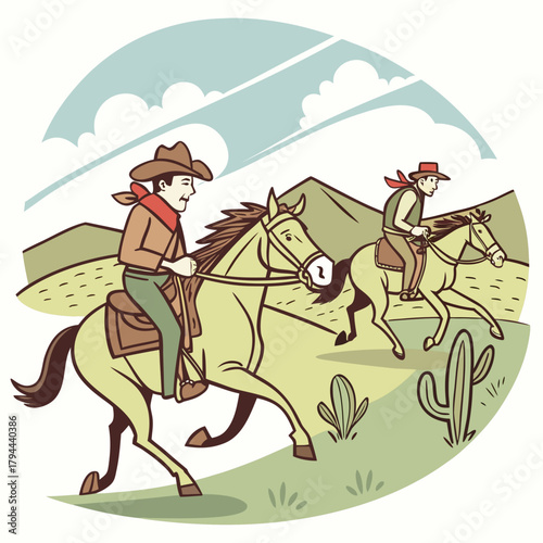 Illustration of two cowboys riding horses across a desert landscape with mountains and cacti in view