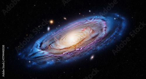 A mesmerizing spiral galaxy shines brightly in the vast expanse of space, its swirling arms adorned with countless stars and cosmic dust