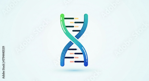 A stylized dna double helix with green and blue strands and black and orange rungs