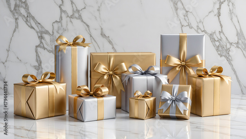 Luxury Christmas presents with metallic gold and silver wrapping, elegant marble background
