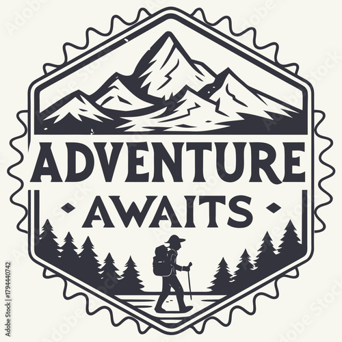 Adventure awaits hiker with backpack and trekking pole in mountain landscape inside decorative frame