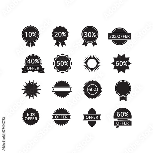 Collection of black offer and sale badges with percentage discounts vector illustration