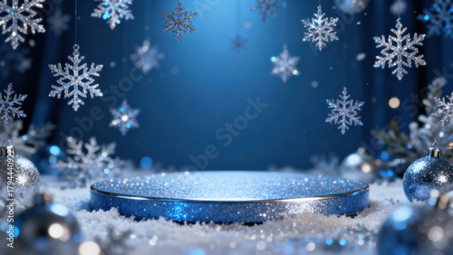Sparkling winter scene with round platform surrounded by silver snowflakes and ornaments, set against blue background, evokes festive and luxurious atmosphere