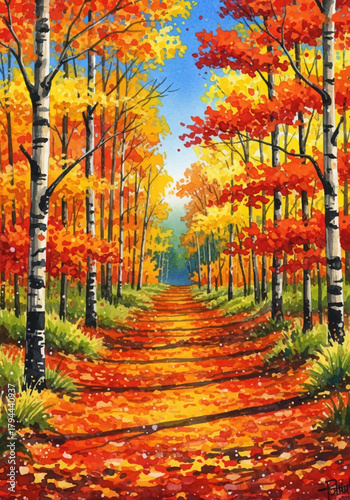 A scenic forest trail during autumn depicted in a vibrant modern watercolor style, with a path covered in colorful fall leaves