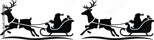 Reindeer sleigh Santa Christmas silhouette vector for festive holiday designs illustration
