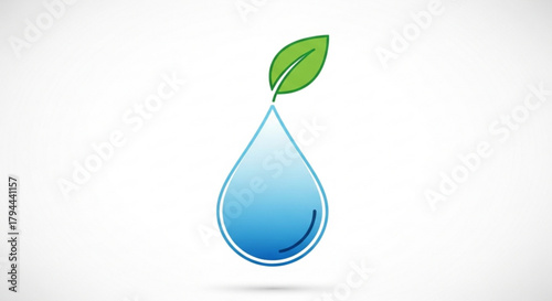 Illustration of a water drop with a leaf on top, representing pure water and environmental conservation