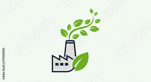 Illustration of a factory with leaves growing out of the chimney, symbolizing green industry and sustainable manufacturing