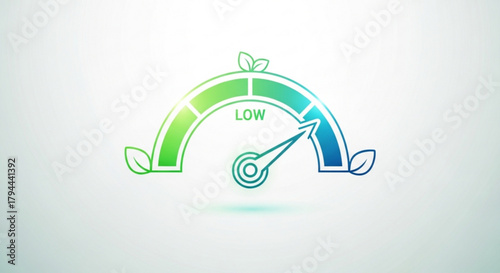 Gauge with a low indicator and leaves, representing sustainability and ecofriendliness in a clean design