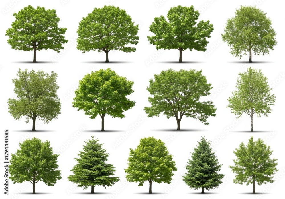 Fototapeta premium Collection of diverse green trees isolated on white background