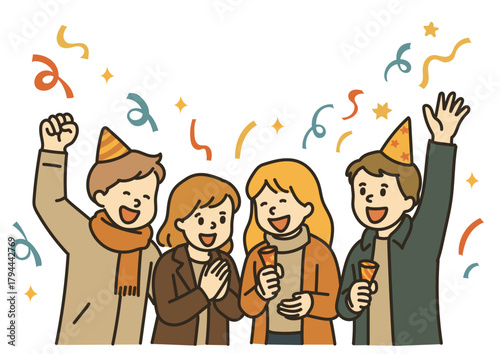 クラッカーでお祝いをする男女グループのイラスト