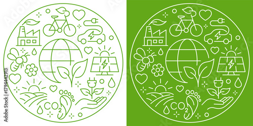 A minimalist circular eco icon composition illustrating sustainability, clean energy, recycling, low CO2, green transport, and nature protection.