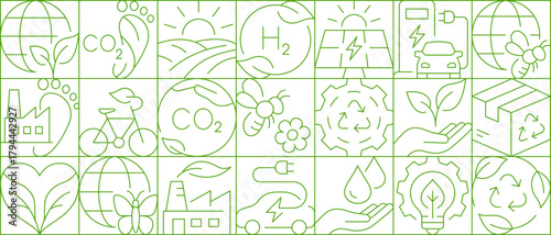 Minimalist linear composition of eco-symbols illustrating sustainable development, clean energy, recycling, emissions, and environmental protection.