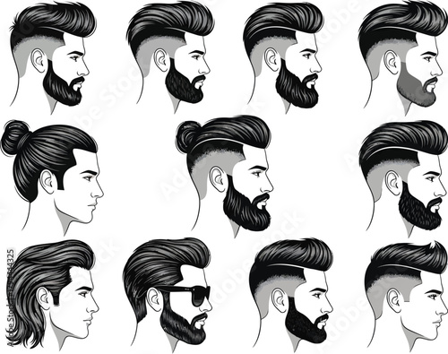 Collection of diverse modern men s hairstyles and beard styles illustrated in black and white