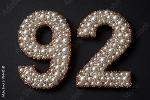 Decorative Pearls Forming Number Ninety-Two on Dark Background