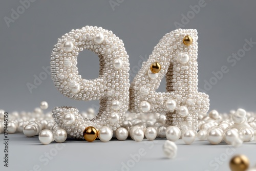 Decorative Number 94 Made of Pearls on a Gray Background