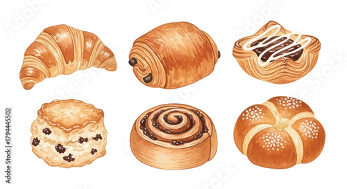 Watercolor French Bakery Pastries Set Croissant Pain au Chocolat Buns