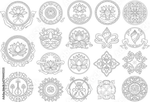 Collection of intricate and ornate black and white abstract ornamental designs and decorative elements