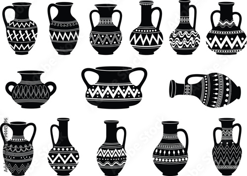 Collection of ancient greek pottery amphorae and vases with decorative geometric patterns in black silhouette
