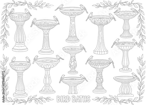 Collection of ornate antique chalices and goblets with decorative floral borders in a vintage line art style