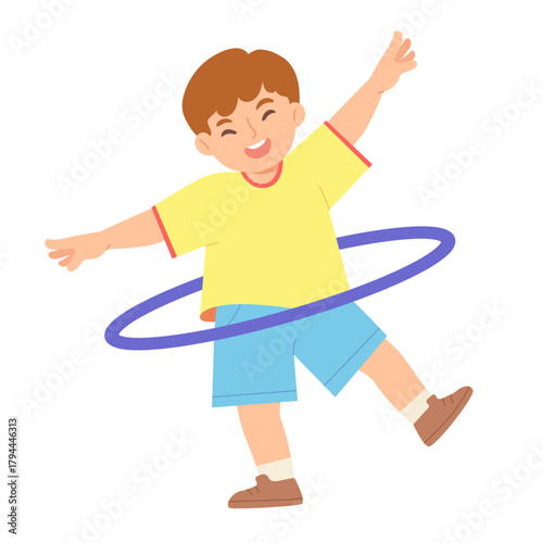 Cute happy little boy playing Hula Hoop for exercise. Fun activity for kids. Flat vector illustration.