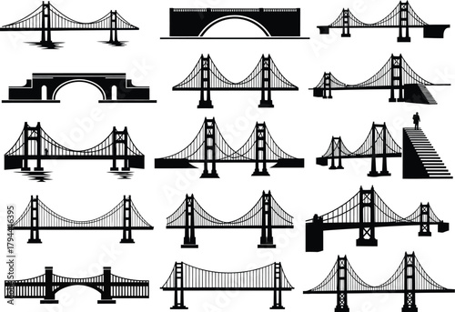 Collection of diverse bridge silhouettes showcasing various architectural styles and engineering marvels against a white background