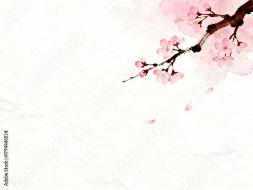 Spring Blossom: A delicate watercolor painting depicts a blossoming cherry branch, its pink flowers scattered, evoking a sense of renewal and transient beauty.