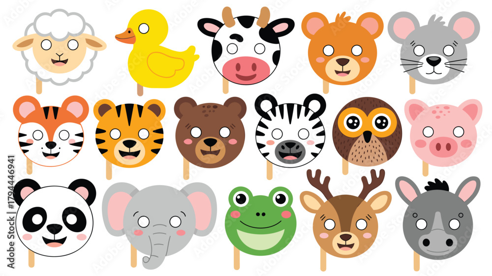 Fototapeta premium Collection of cute cartoon animal faces on sticks sheep