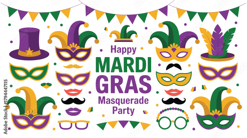 Fototapeta premium Mardi Gras masquerade party vector illustration with masks and hats