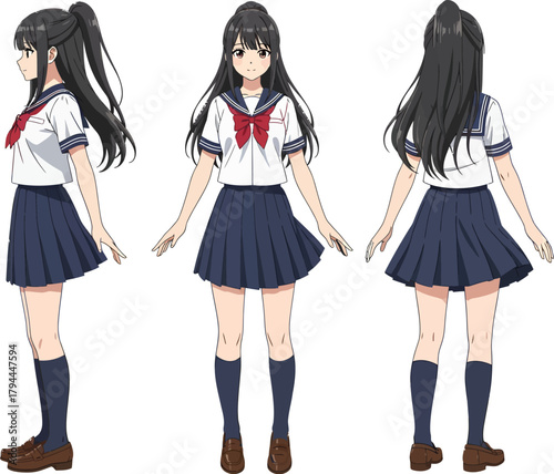 Anime schoolgirl in uniform posed from three different angles on a white background